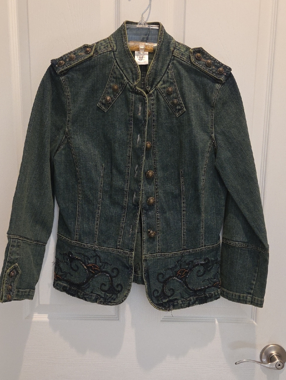 Embellished Teal Denim Jacket with Decorative Buttons - Women